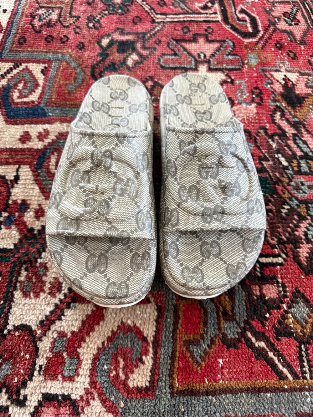 Gucci Beige & Gray GG Canvas Slide Sandals